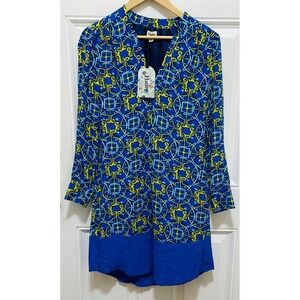 Hatley Print Dress V-Neck Long‎ Sleeve Casual Blue Yellow Size S